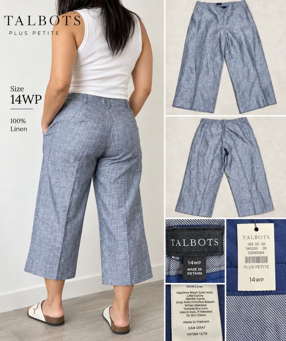 NWT Resort Beachy Talbots Plus Petite Wide Leg Crop Pants Sz 14WP Linen Chambray